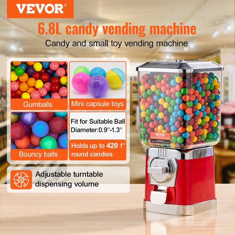 VEVOR Gumball Machine for Kids, TikTokShopBlackFriday, 17"H Home Candy Vending Machine, PC Gumball Dispenser, Bubble Gum Machine for Game Stores, Coin Operated Gumball Bank for Toy Capsules Bouncy Balls Candy, Red