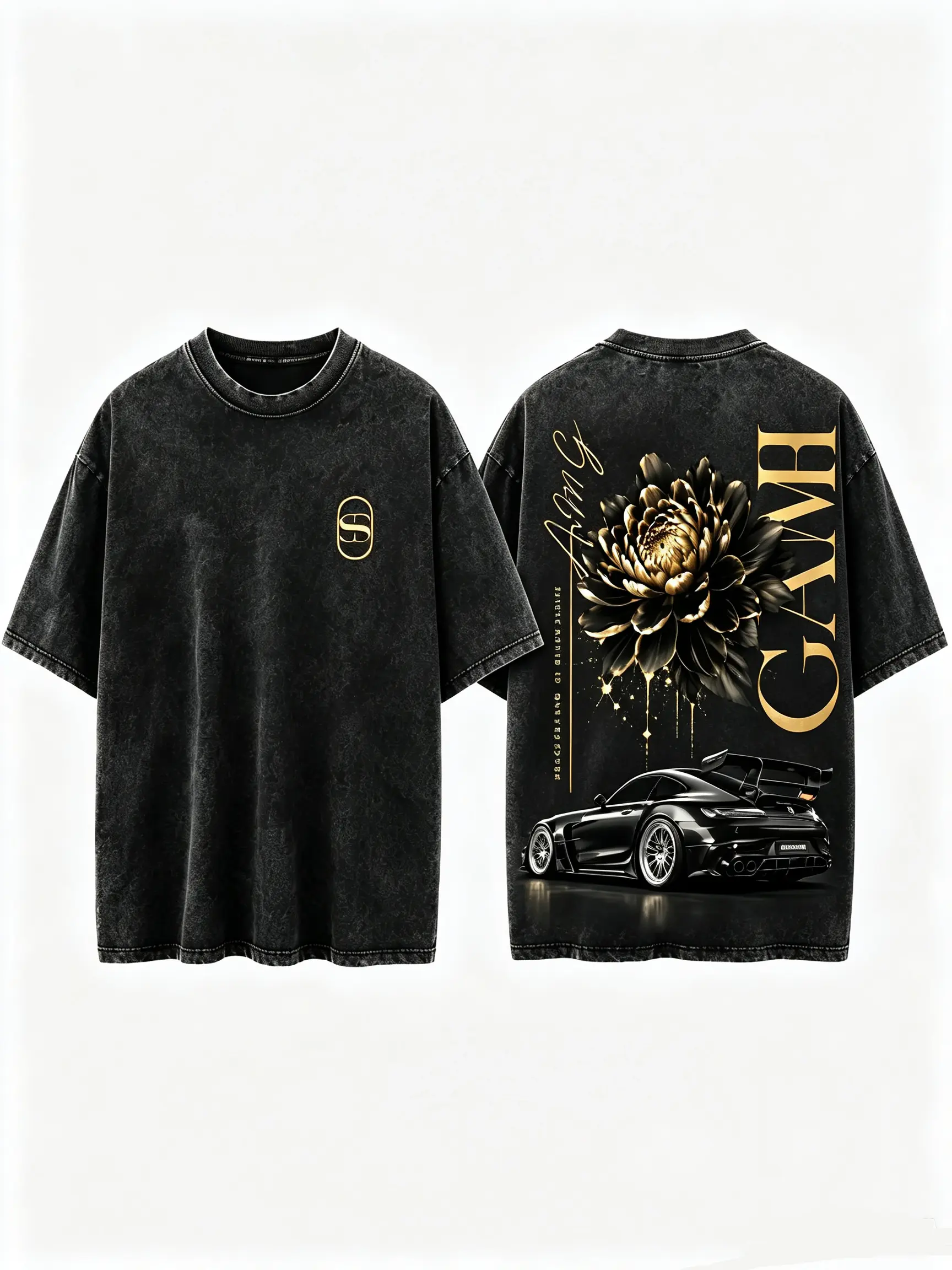 Track Car Shirt,Vintage Luxury Gold Flower Double Sided Tee,German Automotive Culture Graphic Apparel, Black Wash Heavyweight Pump Cover Top,graphic apparel,oversized t shirts,trendy t-shirt,trendy top short sleeve.