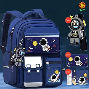DZP-Cartoon Astronaut Backpack - Large Capacity, Adjustable Straps, Tablet Pocket, Ideal School & Commuting, Navy Blue with Colorful Space Design, Backpack School