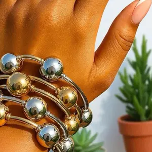 Set of 3 Chrome Ball Stacks - Stylish Gold & Silver Beaded Bracelets for Women's Fashion Accessories