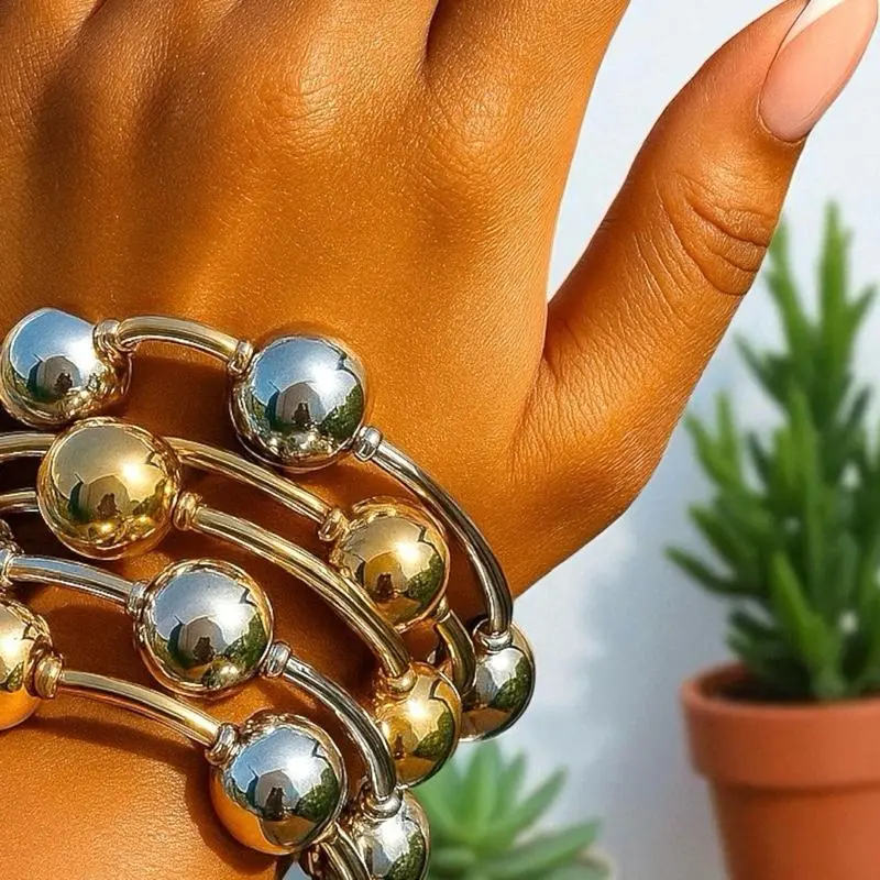 Women's 3-Piece 20mm Chrome Ball Stack Bracelets Set - Gold, Silver Beaded Female Costume Jewelry, Stacked Set for Daily Wear, Gifting to Friends, Casual Daily, Beads, Elegant, 2 Cm, Choking Hazard Small Parts, 2Cm