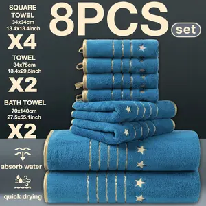 8-Piece Gold Thread Embroidered Premium Bath Towels Set, High-Grade Striped Modern Bathroom Accessories, Quick-Dry Super Absorbent Microfiber