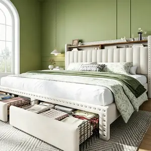 Premium Upholstered Bed Frame with Storage for Queen/King/Full/Twin, No Mattress Luxury Neilhead Trim Bedframe with Headboard and Bookcase Shelves & Side Pockets, Heavy Duty 880LBS Capacity for Apartment, NO Noise, No Box Spring Needed, Beige, Gray