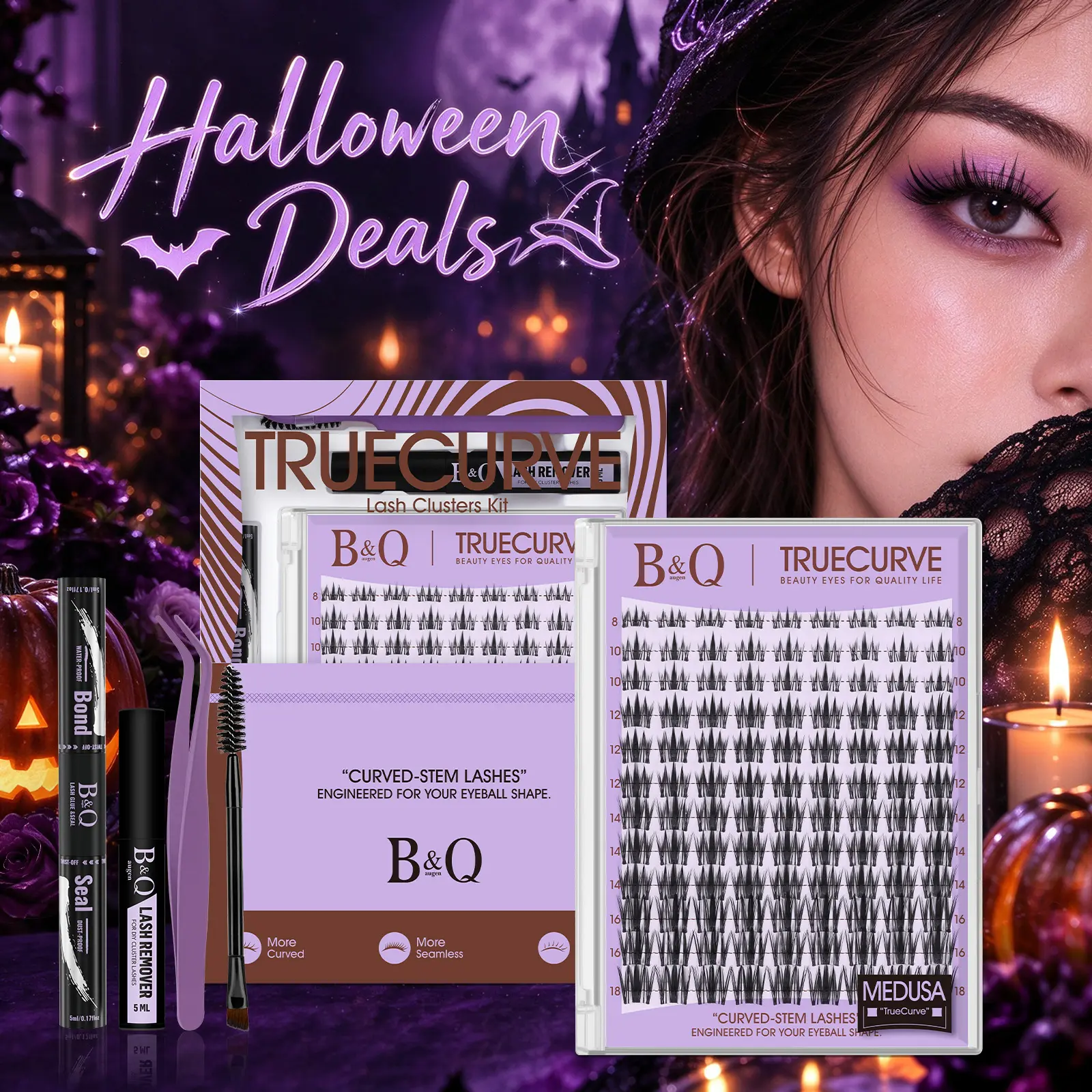 TrueCurve Medusa Lash Kit l B&Q Spike Manga Eyelash Clusters, C Curl,Perfect Lash‑line Fit Deaign,Beginner & Sensitive Eye Friendly No Stinging, Zero Discomfort for All Day Wear #Familyfun #Halloween