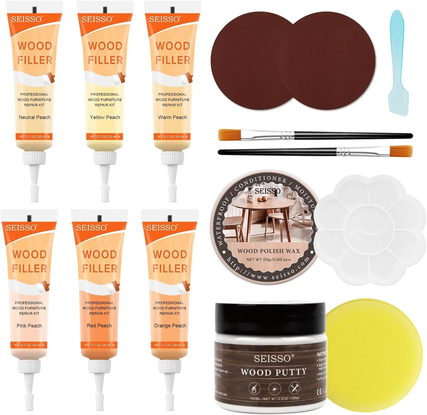SEISSO Furniture Repair Kit Wood Filler, 6 Colors Peach Series Wood Floor Repair Kit, Filler Furniture Paint, Wood Putty & Wood Polish Repair Wood Floor, Crack, Holes, Laminate, Cabinet, Table, Pink