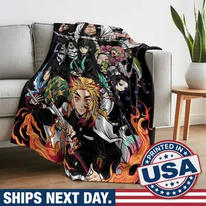 Demon Slayer Luxurious Flannel Fabric Throw Blanket - Fuzzy Texture, Bright Print, Manga Art, Super Soft Cozy, Decorative Portable - for Home & Travel (Couch, Bed) | Perfect for Anime Manga Fans, ZTK80208