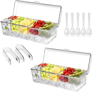 2 Pack Large Ice Chilled Condiment ,Chilled Condiment Containers Server with  for 5 Removable Compartments,Serving Platters, Fruit & Garnish Tray for Party Supplies & Bar(2 Pack)