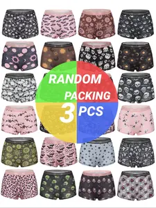 Morvia 3pcs Random Women Gothic Halloween Skulls Print Contrast Binding Boyshorts, Comfy & Sofy & Elastice Waist Intimates Panties, Women's Lingeries & Underwear, Casual Soft Panties