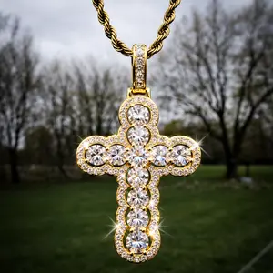 Gold Diamond Cross Pendant with Rope Chain – Iced Out Religious Necklace