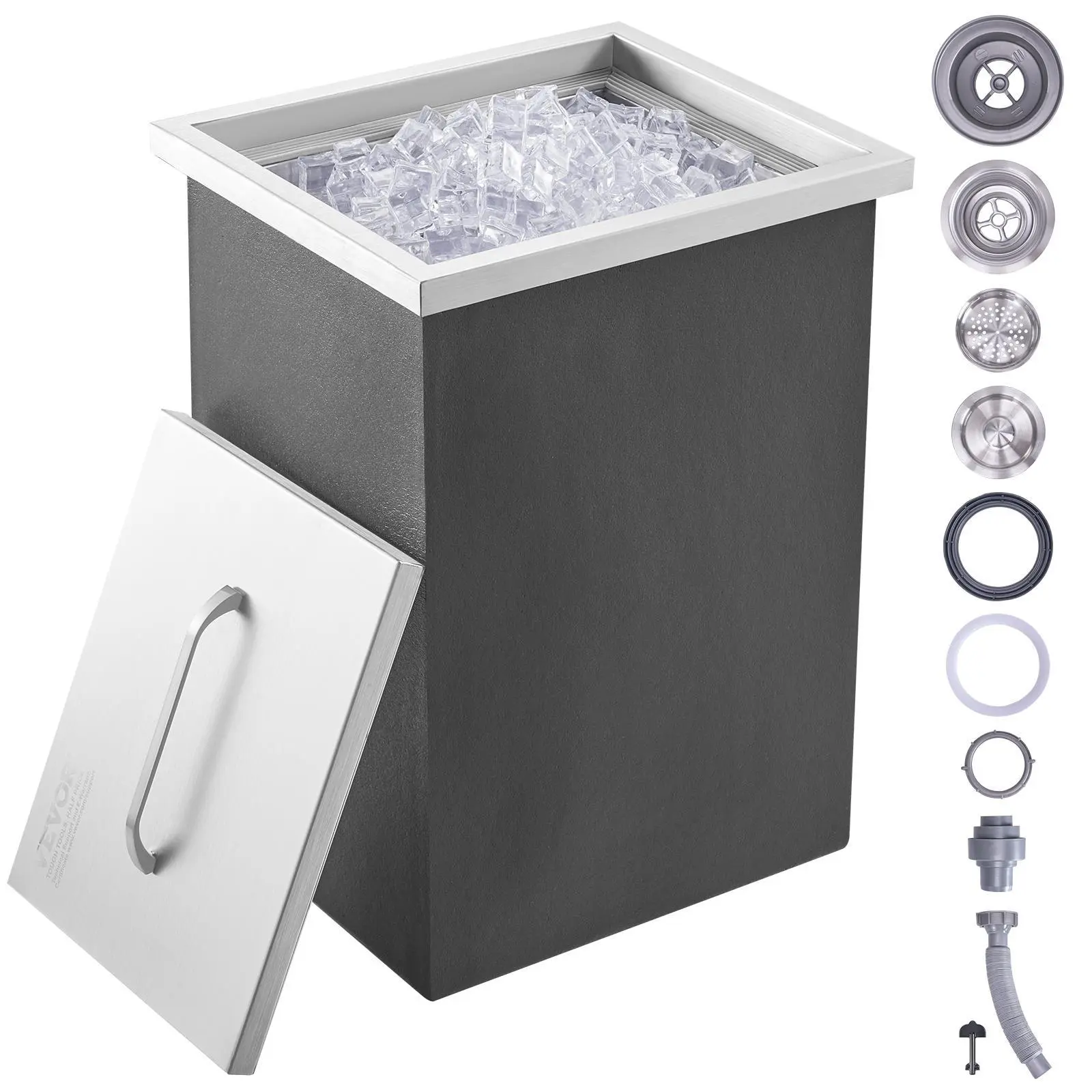 【summerfinds】VEVOR Drop in Ice Chest, 14"L x 12"W x 18"H Stainless Steel Ice Cooler, Commercial Ice Bin with Cover, 40 qt Outdoor Kitchen Ice Bar, Drain-pipe and Drain Plug Included, for Cold Wine Beer Lid Utensils