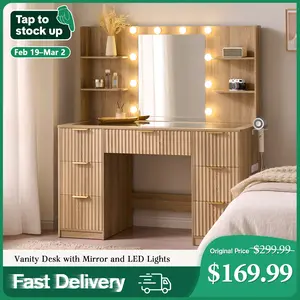 [FebruaryStockUpSale] AMERLIFE 36.2/47.2" Fluted Vanity Desk with Mirror and Adjustable LED Lights, Large 4/7 Drawers Makeup Table with Glass Top and Charging Station for Women and Girls, Bedroom or Dorm/Best Gift Ideas/Christmas Gifts