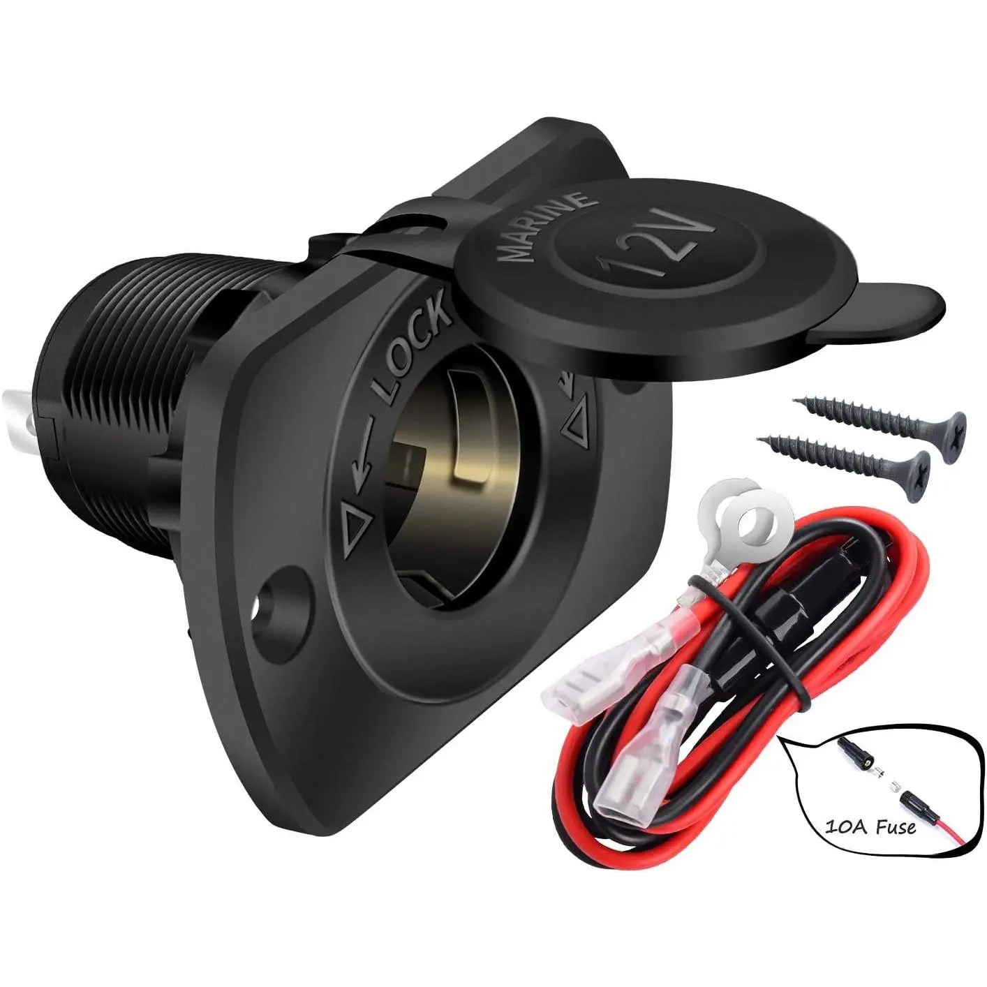 DaierTek 12V Cigarette Lighter Socket Replacement Female DC Connector Power Outlet, with Wiring Harness, 10A In-Line Fuse, Waterproof Cover, 29mm Mounting Hole, for Marine, Car Audio Use, 12V-24V System Compatible, Better Protection for Car Cleaners