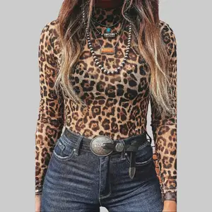 Camel Leopard Print Slim Fit Mesh Long Sleeve Mock Neck Top 95% Polyester 5% Elastane Stretchy Comfy Fabric Shirts