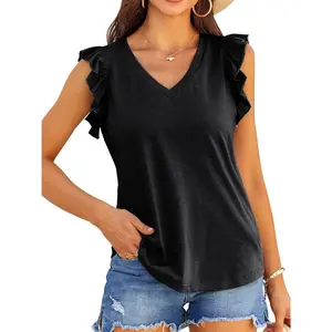 Womens Casual Neck Blouse Tops Frilled Ruffles Solid Sleeveless Tanks