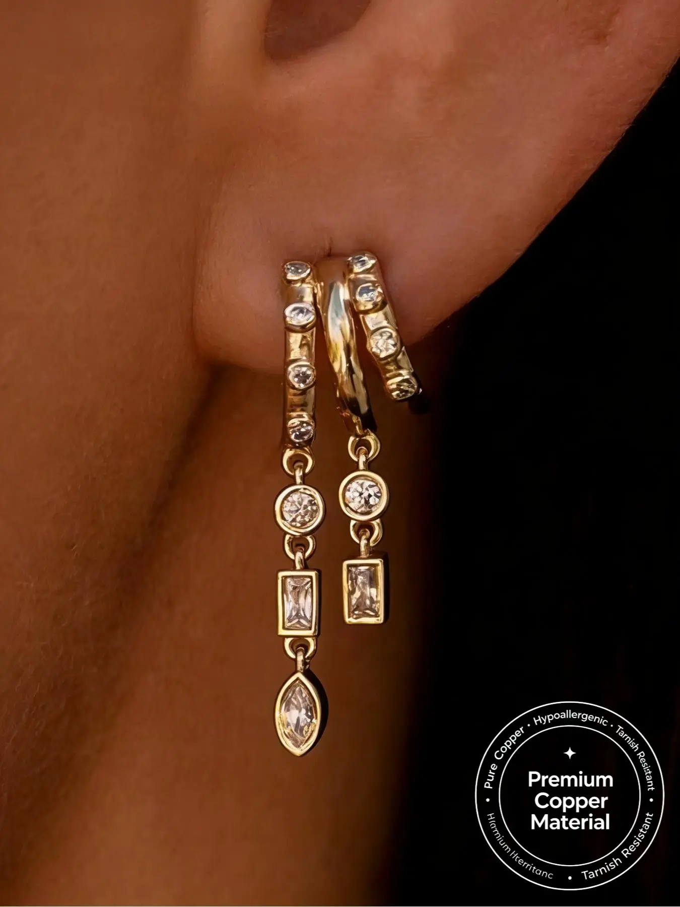 14K Gold-Plated CZ Drop Huggie Earrings for Women, Multi-Gemstone Design, Hypoallergenic Brass, Perfect for Everyday Wear & Layering, Trendy Minimalist Jewelry, Stackable Earrings, Versatile Earrings