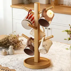 Vintage Wooden Wall Storage Rack with 6 Hooks, rustic hanging organizer for mugs keys coats and accessories, space-saving wall storage solution for kitchen organization, entryway decor and home storage essentials