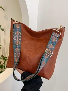 Women's Bohemian Style Soft Leather Fashionable Crossbody Bag, Large Capacity Shoulder Bag, Vintage Wide Strap, Adjustable Straps, for Shopping, Travel, Daily Use