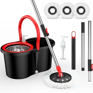Dual-Drive   Bucket  with Wring-Out System, Durable Microfiber  Heads for 360° Cleaning. Suitable for cleaning floors, cars, and walls. Plastic Kitchen Plastic Kitchen Adjustable Telescoping Spin Mop Set refill wringer refill head