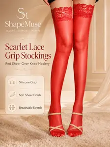 ShapeMuse Scarlet Lace Grip Stockings, Red Sheer Over-Knee Hosiery with Silicone Band