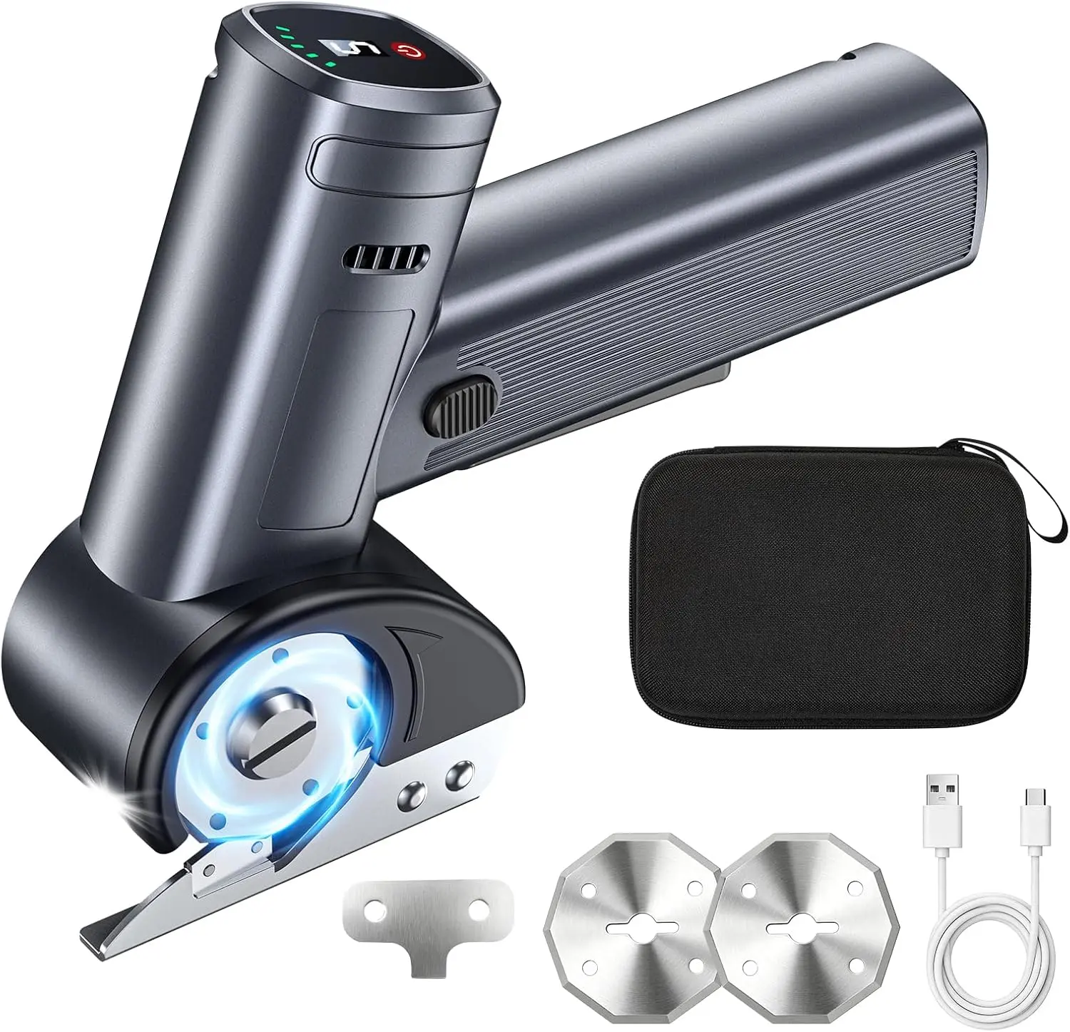 Cordless Electric Scissors Rechargeable, Smart Display Cardboard Box Cutter | 5 Speed and Battery Display Shear Cutting Tool with Storage Box Extra 2 Blades for Cardboard, Fabric, Leather DIY, Plastic