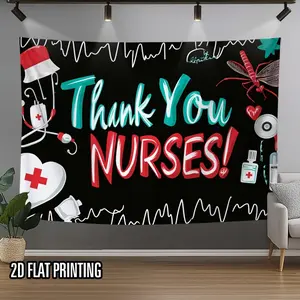 Nurse Appreciation Thank You Banner, 1pc Reusable Polyester Party Decoration Supplies, 2D Flat Multicolor Cursive Lettering, Nursing Symbols Print, Hospital-Clinic Backdrop for Nurse Events & Birthdays