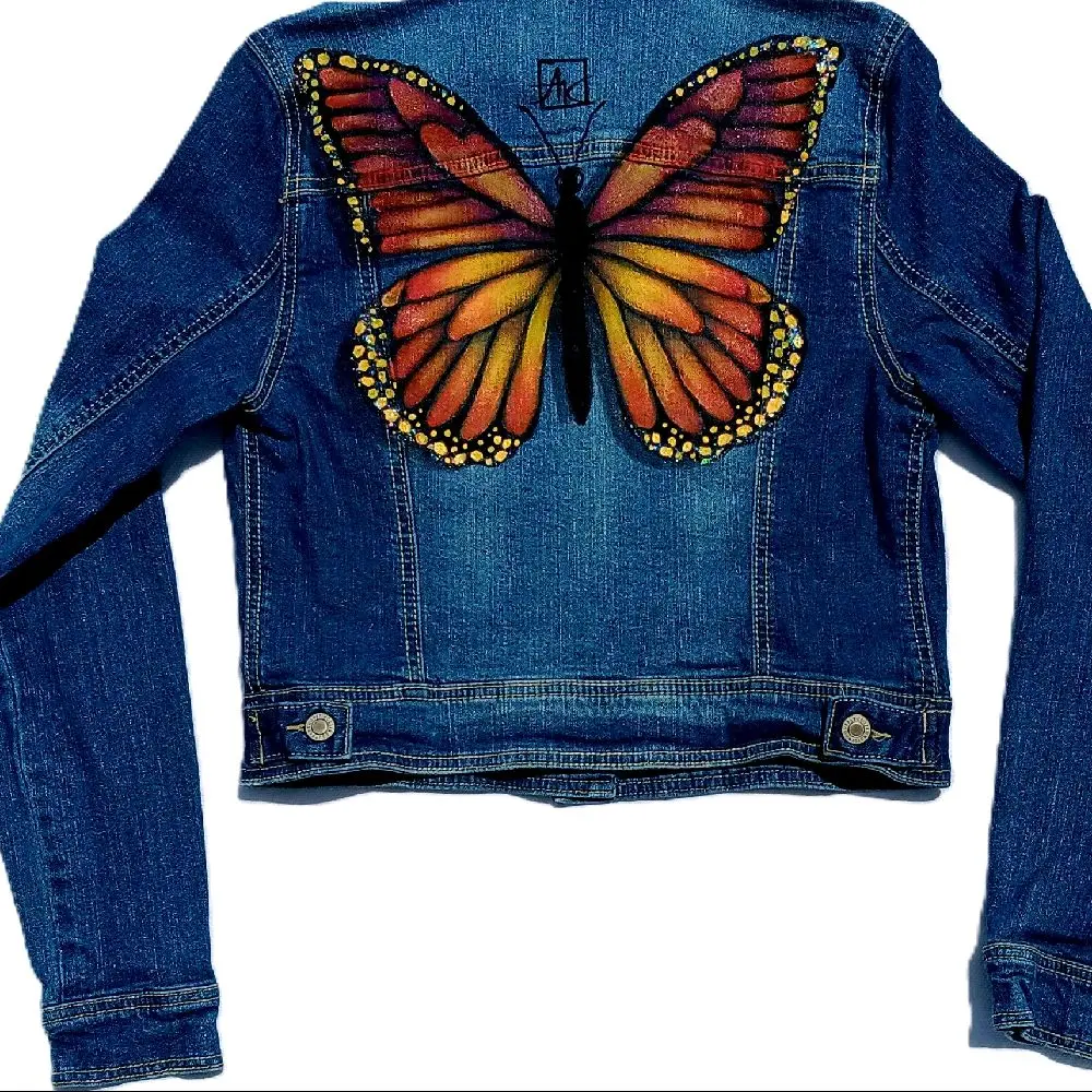 Hand-Painted Denim Jacket Orange Yellow Butterfly M Unique Artwork Fashionable Outerwear