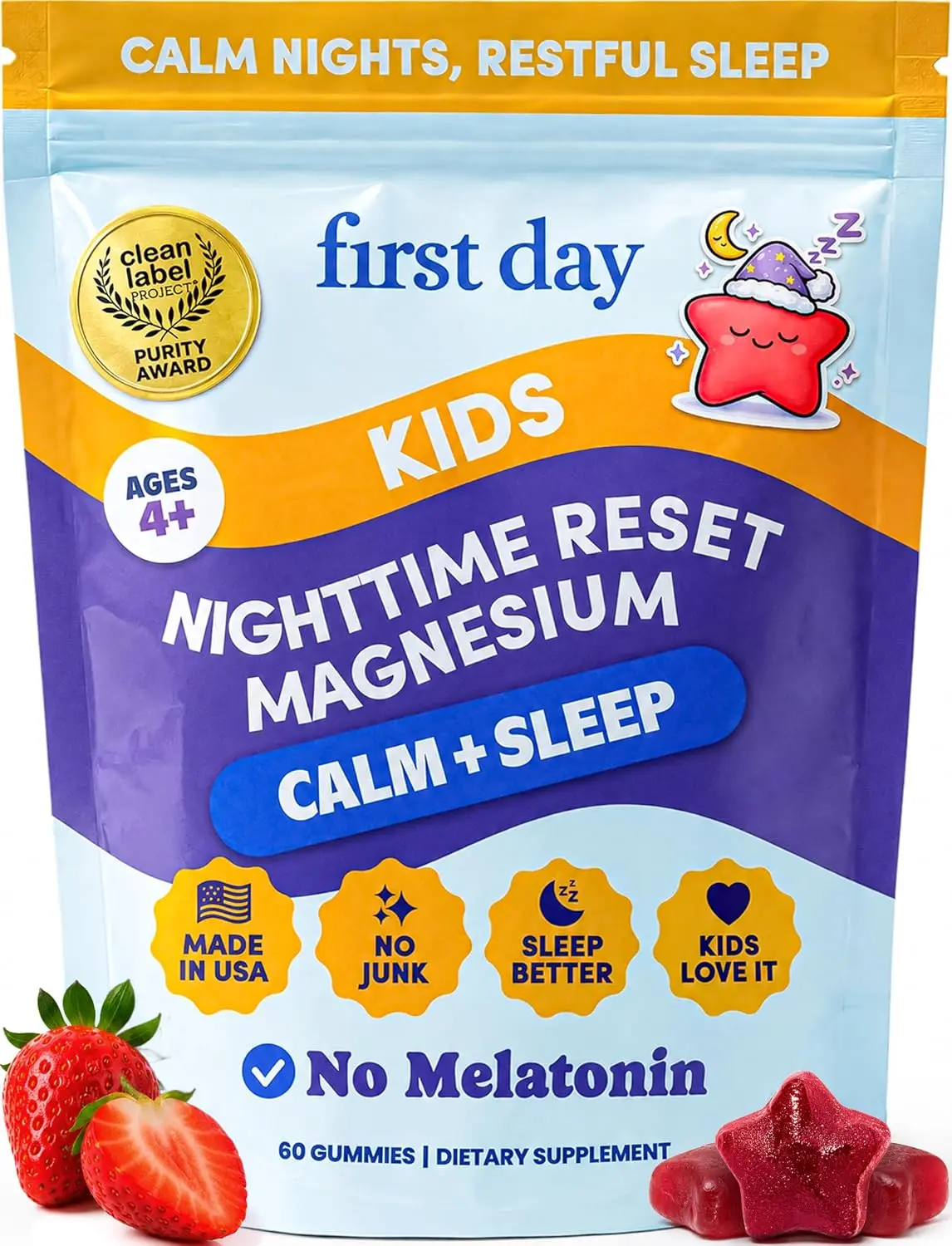 First Day Kids Magnesium Gummies, Citrate & Suntheanine L-Theanine - Melatonin-Free Calm & Relaxation Support for Children, Strawberry Flavor, 60 Count