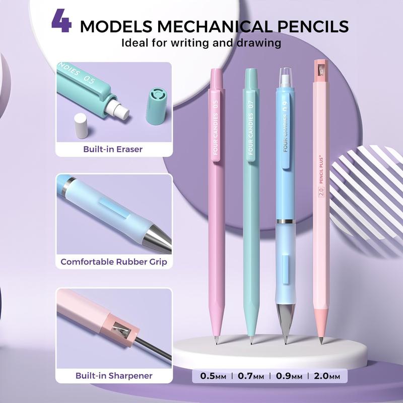 Four Candies 36PCS Aesthetic School Supplies in Large Capacity Pencil Case, 12PCS Mechanical Pencils 0.5-2.0mm with 624PCS Lead Refills,Cute Mechanical Pencils for Writing, Drawing & Drafting Student Essentials, school supplies art work
