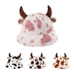 Autumn and winter new cow pattern printed horn bucket hat women's fashion plush thickened thermos hat