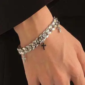 Men's Silver Cuban Chain Cross Bracelet with Artificial Gemstones - Trendy Jewelry, Daily Match Men's Hand Jewelry Accessory