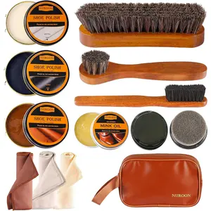 13-Piece Shoe Care Kit – Horsehair Polish Brushes Black Brown Neutral Mink Oil Shine Sponges And Cloth For Leather Boots Men Women Gift