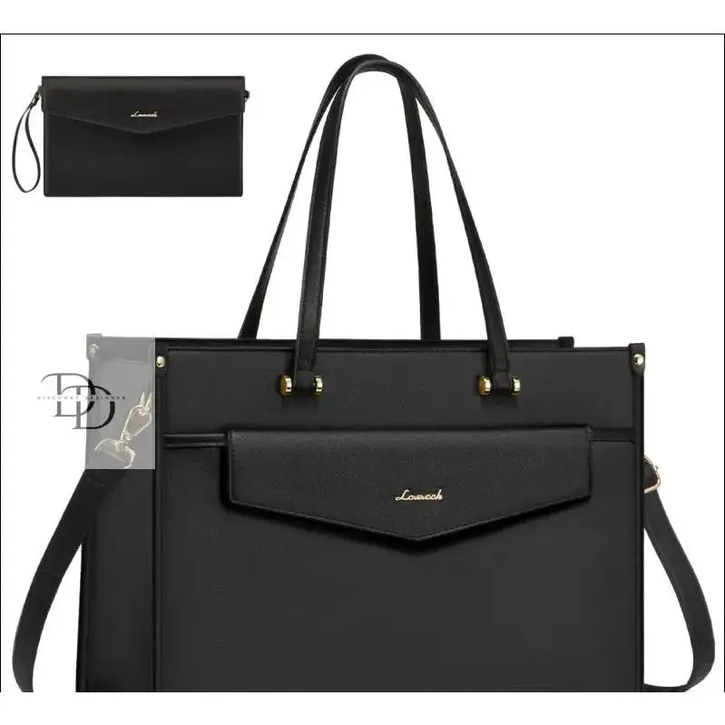 Black Leather Laptop Bag with Multi Compartments and Straps