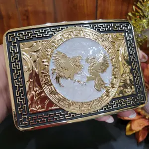 Fighting Roosters  Belt Buckle Faux Mexican Peso Design rose tone  with Central Emblem, Rectangular Style, and Decorative Elements, Unisex, Metal, 4.5 x 3.5 Inches