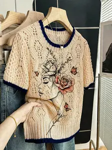 Women's Fresh Natural Style Rose Butterfly Print Knit Sweater T-Shirt, Round Neck Short Sleeve, Casual Everyday Breathable Design, All Seasons Wear, Knitwear