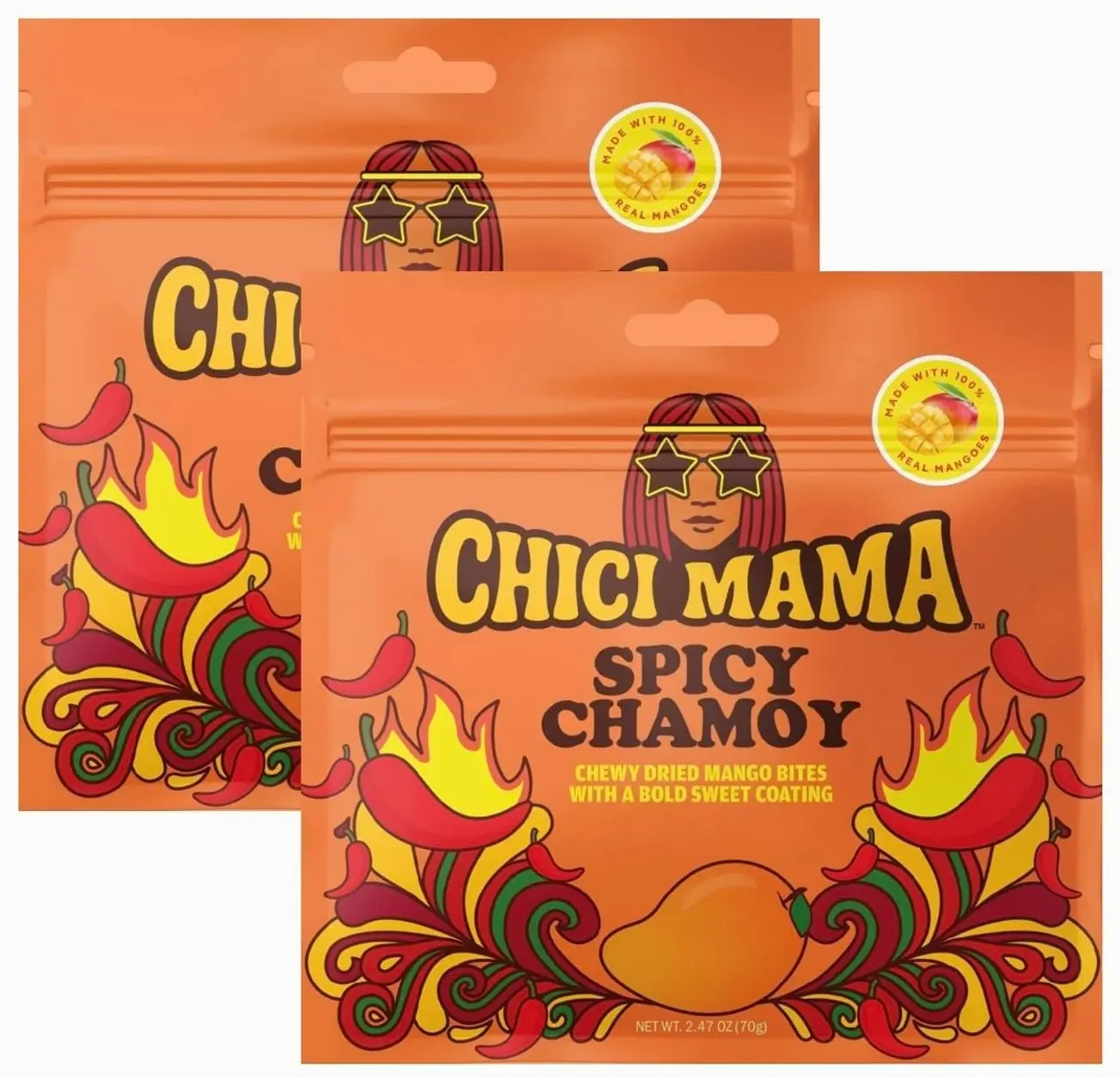 Chici Mama Spicy Chamoy Mango Bites – Made with Real Mango | Chewy, Juicy Candy-Alternative Treat | No Artificial Colors, Flavors, or Sweeteners | Gluten-Free, Naturally Vegan & Free of Major Allergens | Better-For-You Snack | 2 Pack - 70g