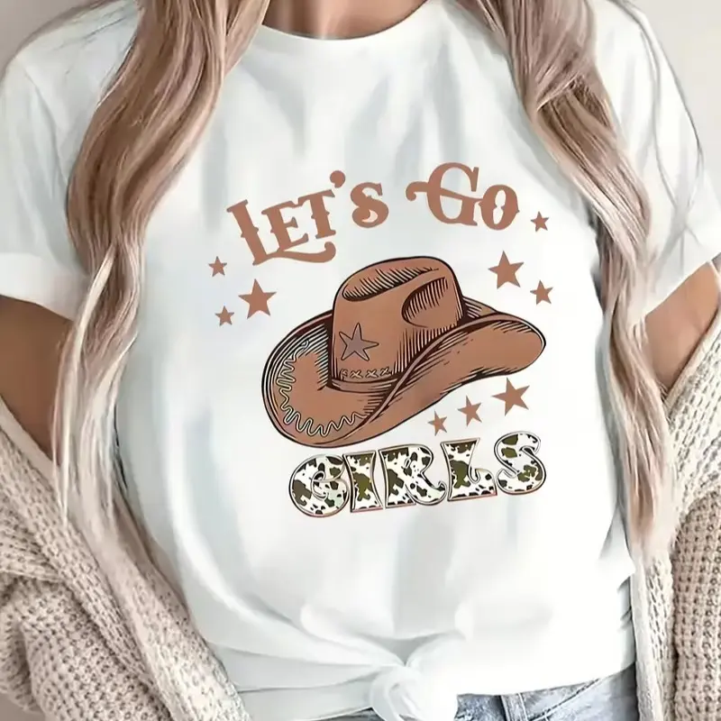 Let's Go Girls Cowboy Hat Graphic T Shirt Western Cow Print Letter Casual Country Short Sleeve Crewneck Tee