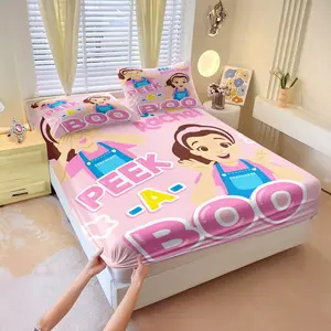 Peek-A-Boo Girls' Fun Fitted Sheet Set and 2 Pillowcases Without Inserts, Pink Color, Cartoon Girl Image with PEEK-A-BOO Fun Slogan, Soft Non-Slip Wrinkle Resistant, Energetic Cute Bedroom & Children's Room Decor