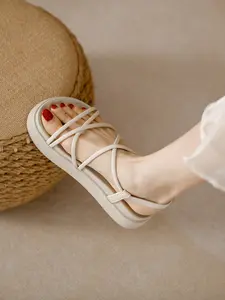 Women's Chunky Heel Sandals, Peach Color Waterproof Platform High Heels, Fashion Cross Strap Buckle Flip Flops, Beach Shoes