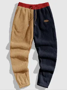 Men's Colorblock Letter Patched Drawstring Waist Thermal Lined Jogger Pants, Casual Comfy Pocket Trousers for Fall & Winter, Men's Bottoms for Daily Wear