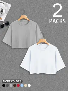 Women's Casual Round Neck Short Top Set, Versatile Fashionable Summer, Perfect for Outdoor Shopping and Party