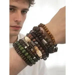 10Pcs/Set Bohemian Wooden Beaded Bracelets for Men & Women, Multi-Layer Stackable Boho Fashion Bracelet Set, Couple Matching Hand String Gift, Handmade Beaded Chain Jewelry