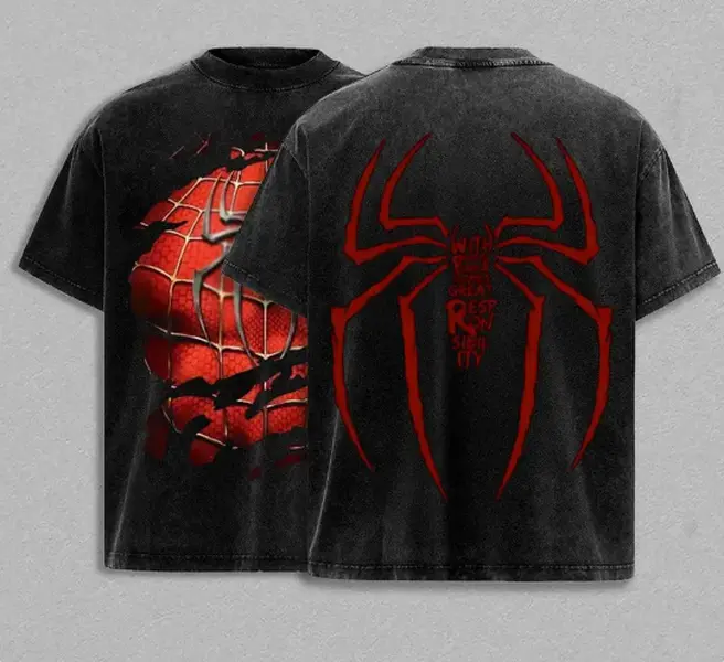 Dark Spidey Man Vintage Washed Graphic T-Shirt, Oversized Heavyweight Cotton Spider Tee, Double Sided Retro Comic Streetwear Shirt, Y2K Grunge Web Slinger Aesthetic, Premium Unisex Graphic Apparel, Collector Fan Gift Merch