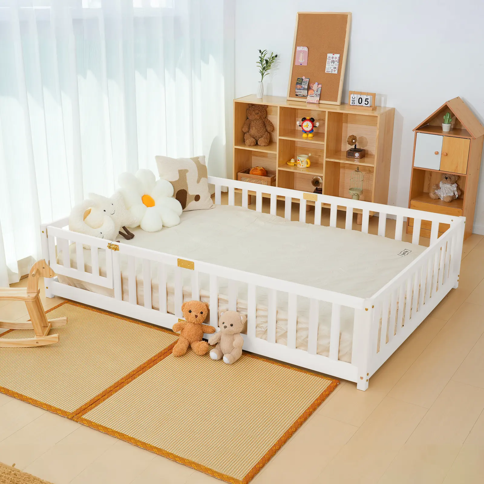 Lilypelle Full Twin Size Montessori Floor Bed for Kids, Solid Wood Frame with Fence, Door and Safety Rails, CPC Certified Children's Crib