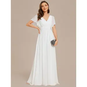Elegant Chiffon V Neck Ruffle Sleeves Flattering Dress White Bridal Shower Dress For Wedding,Bride Cute Womenswear