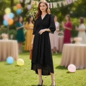 3/4 Sleeve Black Dress for Women V Neck Wedding Guest Dress for Cocktail Party Formal Midi Dress LE-LQ243