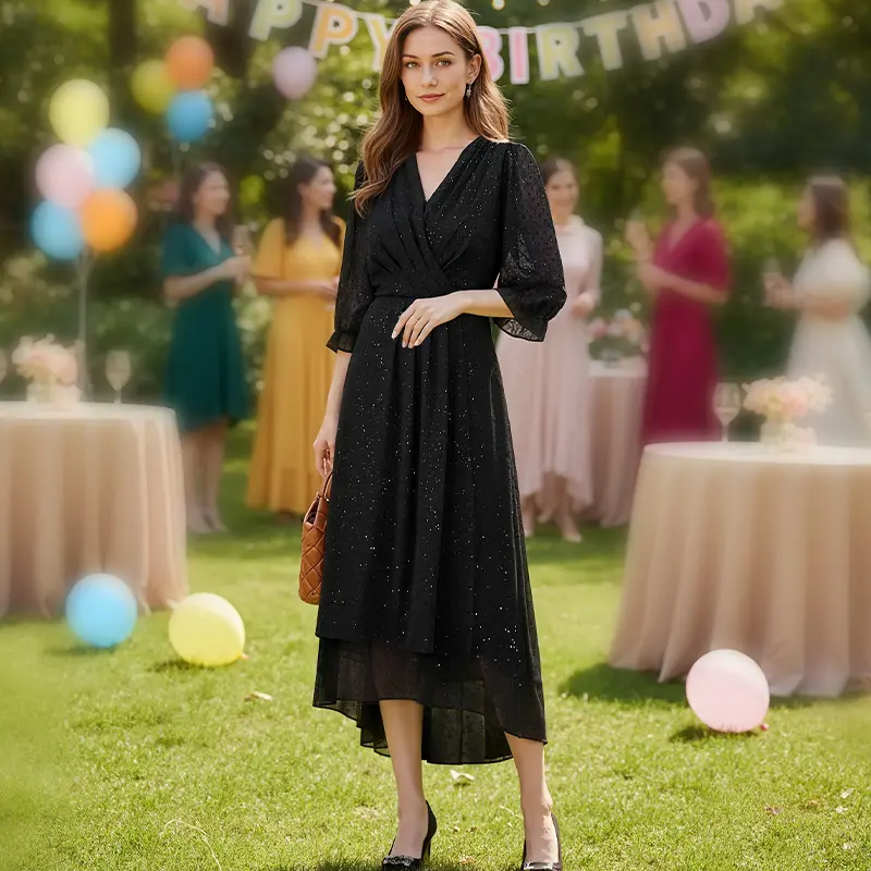 3/4 Sleeve Black Dress for Women V Neck Wedding Guest Dress for Cocktail  Party Formal Midi Dress LE-LQ243 - TikTok Shop