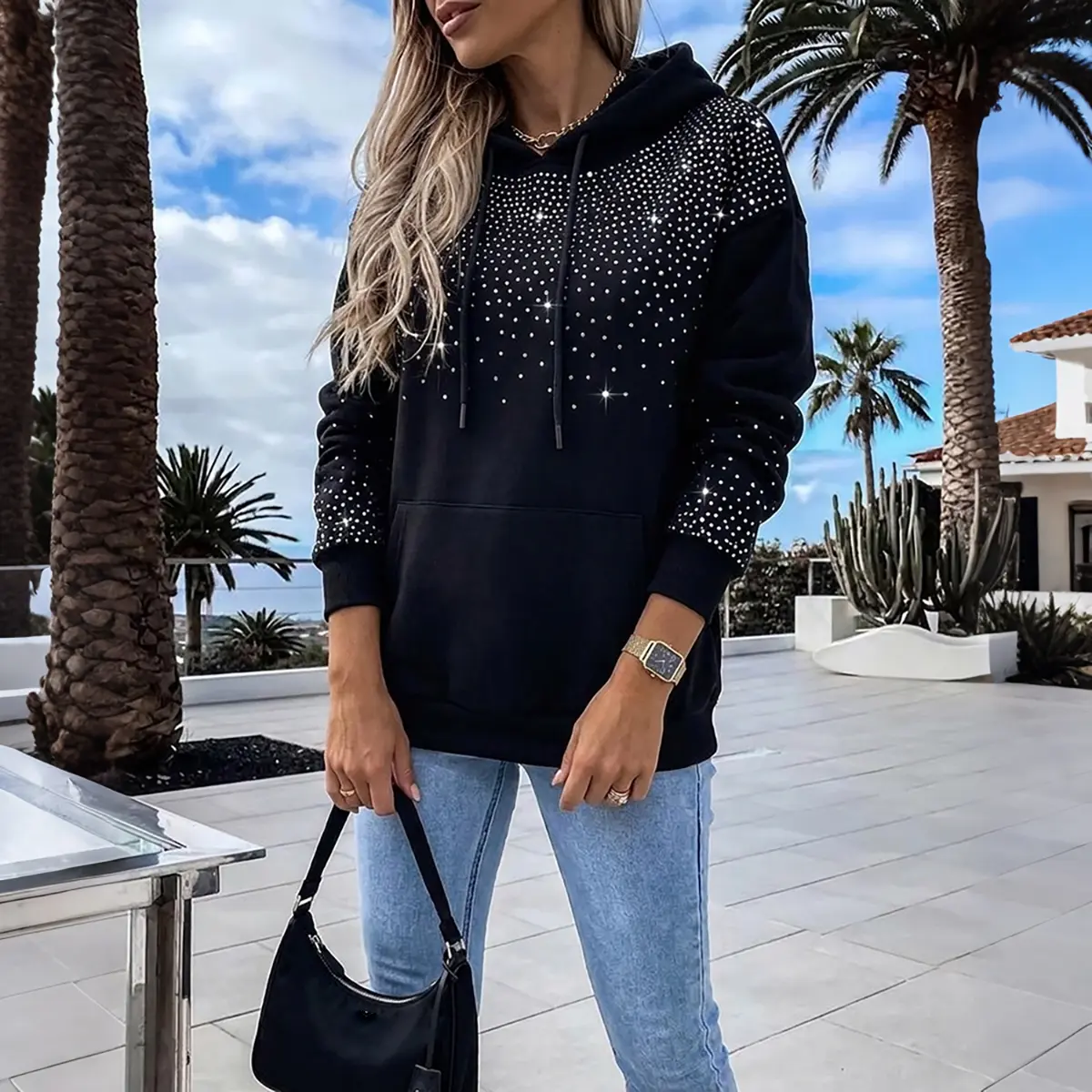 CHICME Women's Rhinestone Drawstring Hooded Sweatshirt Casual Sparkly Loose Fit Pullover