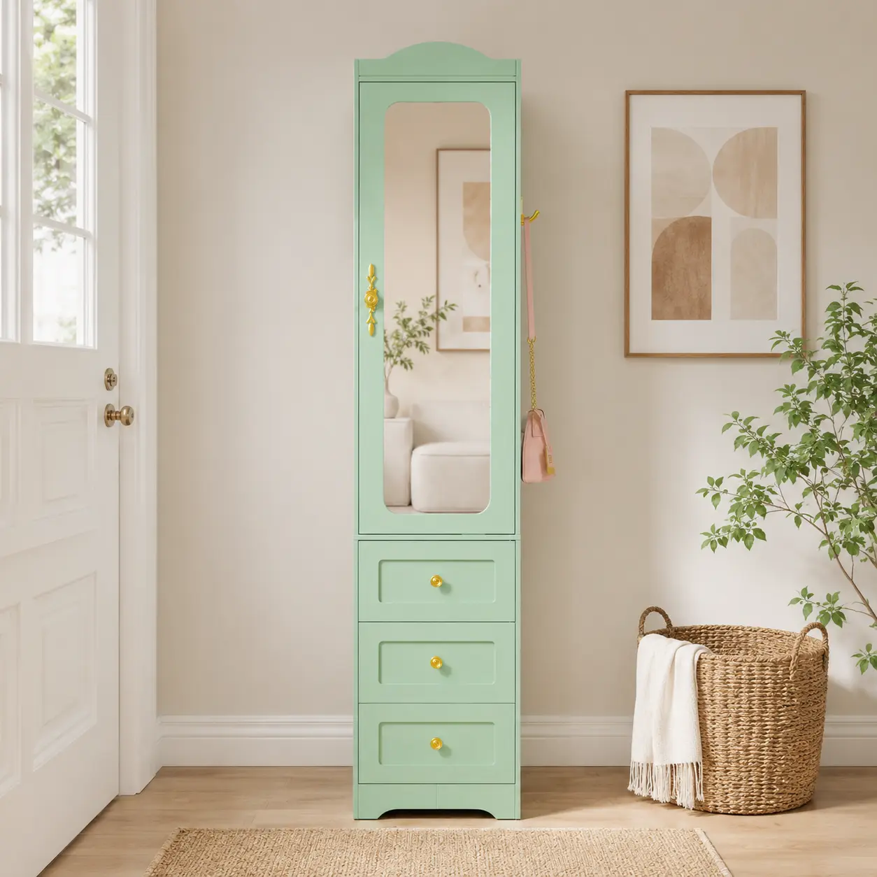 69.5" Green Armoire Wardrobe Closet with Full-Length Mirror, Smart Sensor LED Light, 3 Drawers, Hanging Rod and Side Hook, Freestanding Bedroom Storage Cabinet, Right-Opening Door