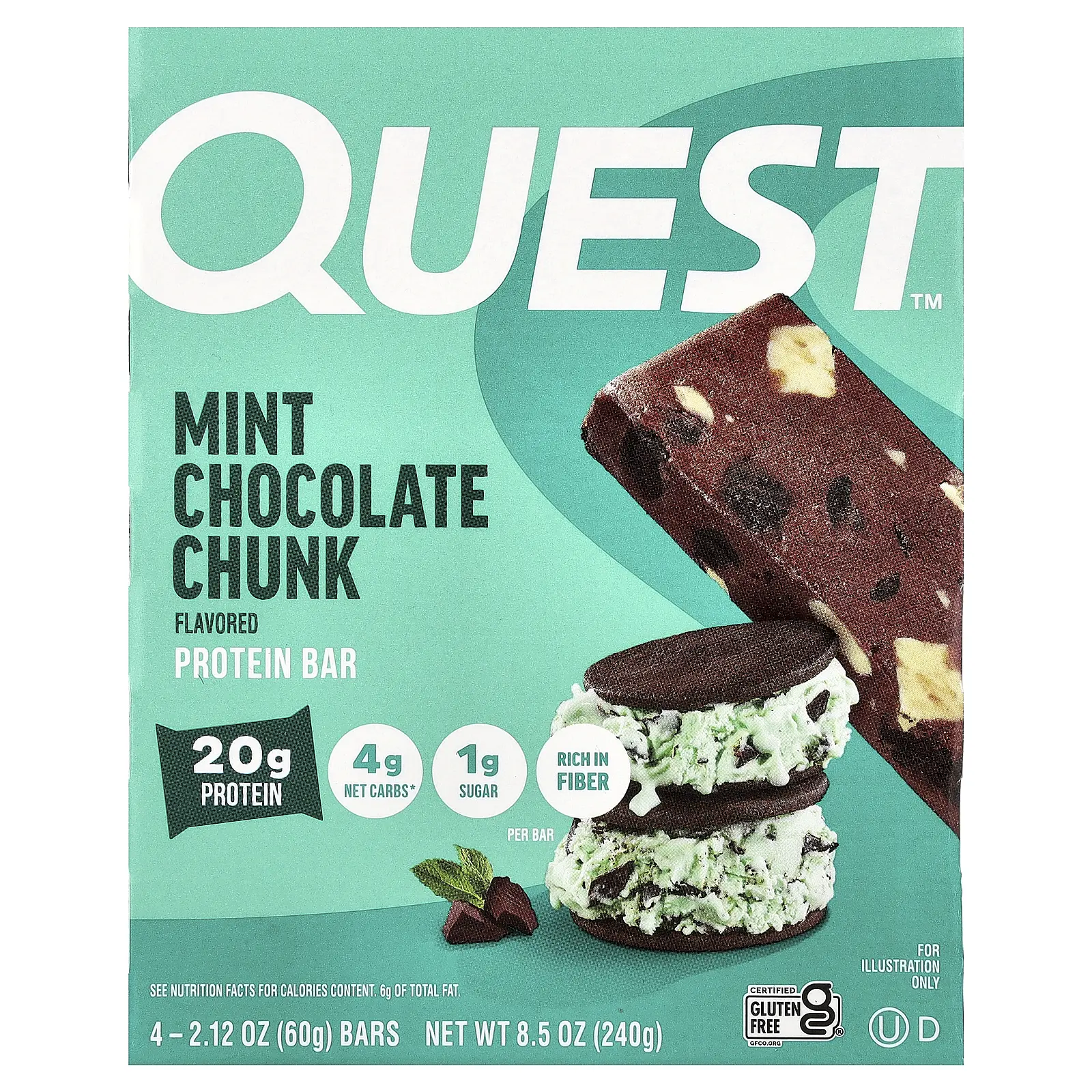 Quest Nutrition Protein Bar, Mint Chocolate Chunk, 4 Bars, 2.12 oz (60 g) Each