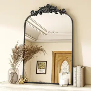 Arched Bathroom Mirror, 24x36 Inch Retro Wall Mounted Vanity Mirror with Carved  Top and Metal Frame, Black Decorative Mirror for Hanging or Leaning